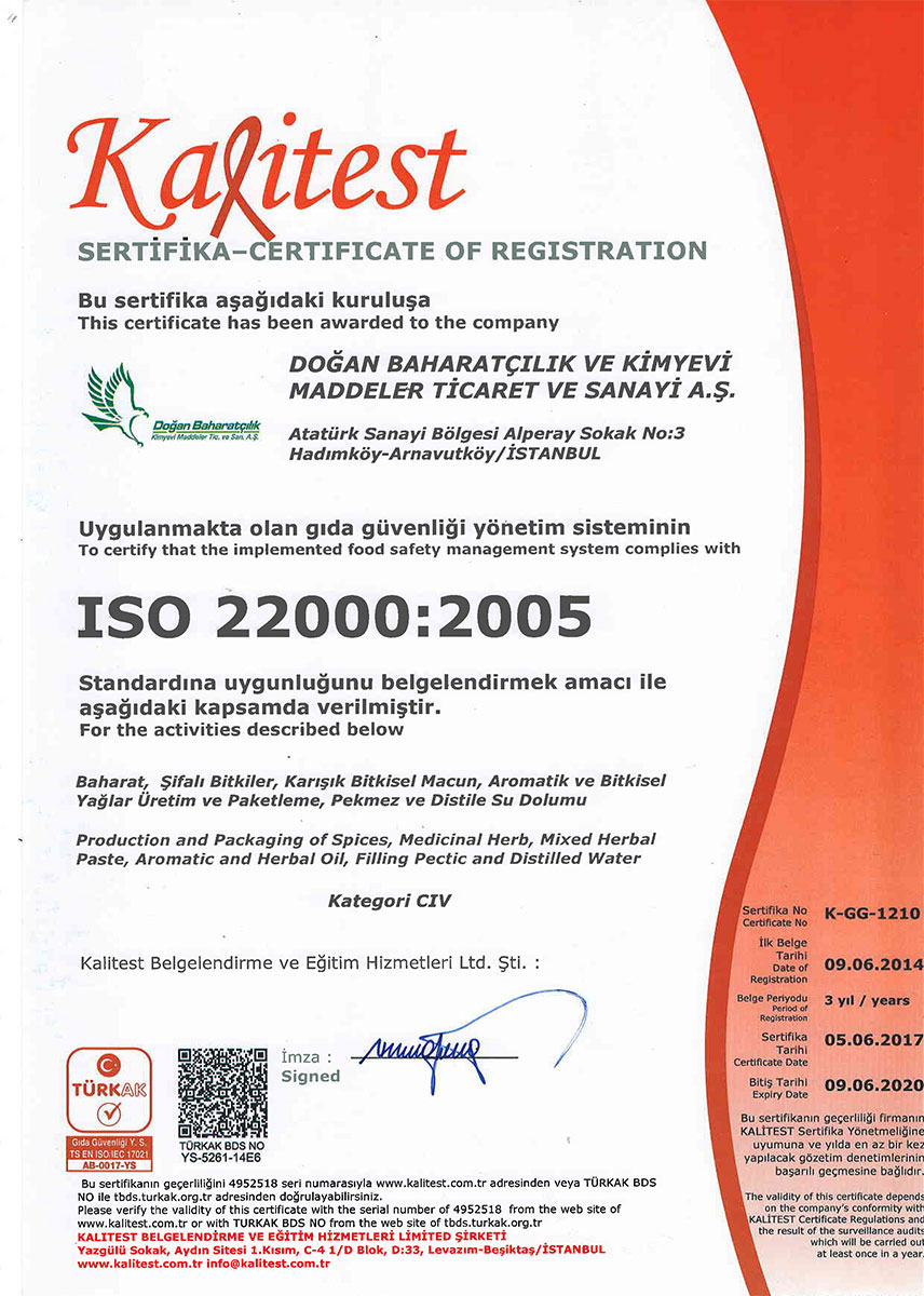 Kalitest iso 22000:2005 gıda Güvenliği Yönetim Sistemi Sertifikası - Doğan Baharat