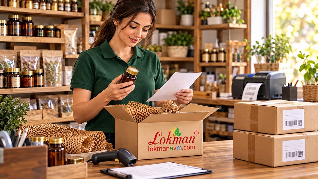 Sipariş listesini kontrol ederek LokmanAVM logolu kutuda ürün paketleyen çalışanı temsil eden görsel