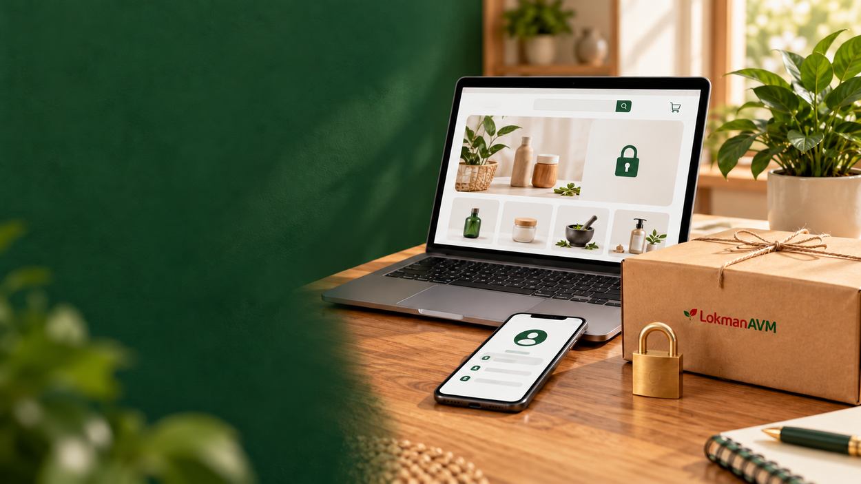 LokmanAVM alışveriş güvenliğini temsil eden bilgisayar, telefon, kilit ve marka logolu paket