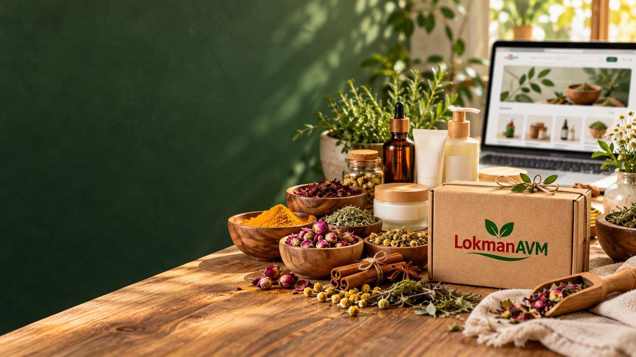 LokmanAVM markasını temsil eden baharatlar, bitkisel ürünler, kişisel bakım ürünleri ve marka logolu paket
