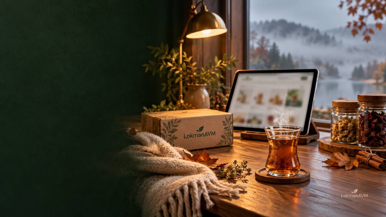 LokmanAVM Kasım ayı istatistik arşivi için sonbahar temalı tablet, bitki çayı ve markalı paket