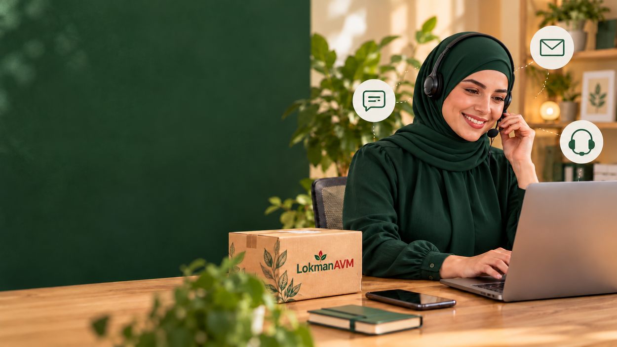 LokmanAVM müşteri hizmetlerini temsil eden kulaklıklı destek görevlisi ve iletişim simgeleri