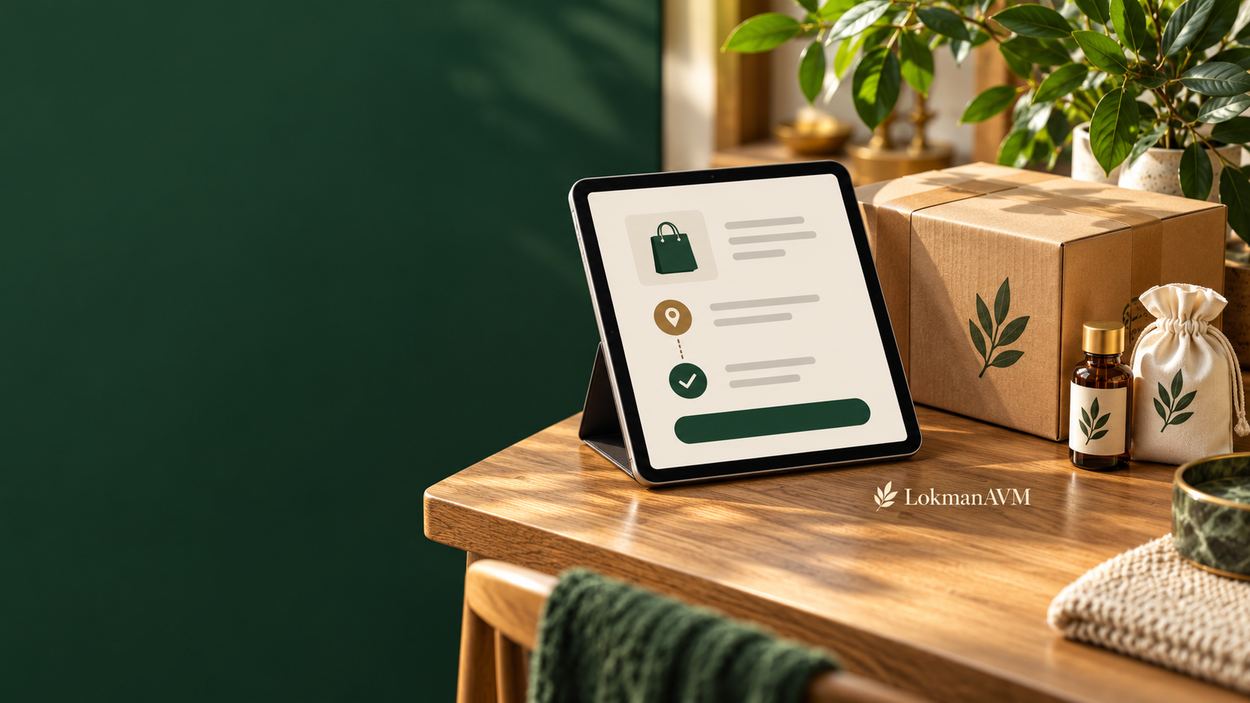 LokmanAVM sipariş sürecini temsil eden tablet ve teslimat paketi
