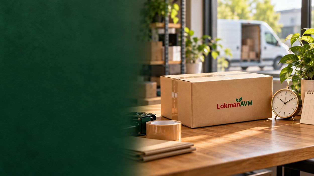 LokmanAVM sipariş teslimat süresini temsil eden kargo paketi, saat ve teslimat aracı