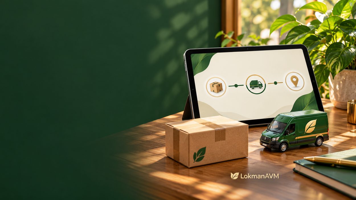 LokmanAVM sipariş ve kargo takibini temsil eden tablet, paket ve teslimat aracı