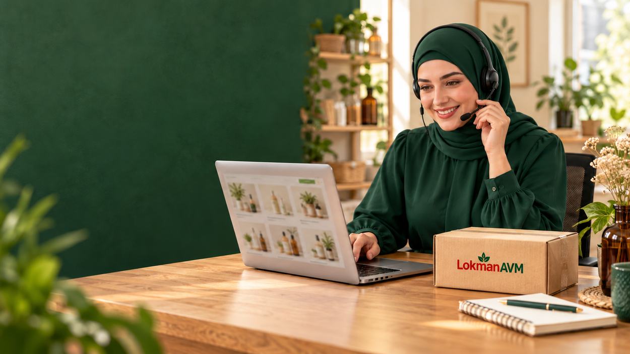 LokmanAVM telefonla sipariş desteğini temsil eden müşteri temsilcisi, bilgisayar ve marka logolu paket