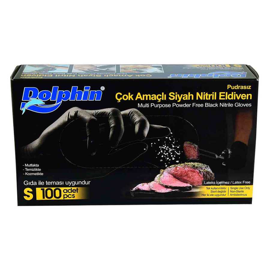 DOLPHİN PUDRASIZ SİYAH NİTRİL ÇOK AMAÇLI ELDİVEN KÜÇÜK BOY (S) 100 LÜ PAKET