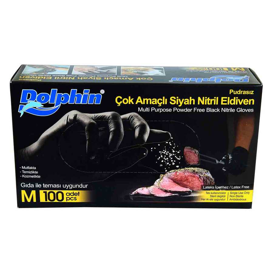 DOLPHİN PUDRASIZ SİYAH NİTRİL ÇOK AMAÇLI ELDİVEN ORTA BOY (M) 100 LÜ PAKET