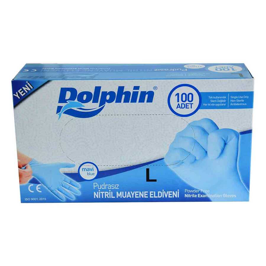 DOLPHİN PUDRASIZ MAVİ NİTRİL ELDİVEN BÜYÜK BOY (L) 100 LÜ PAKET