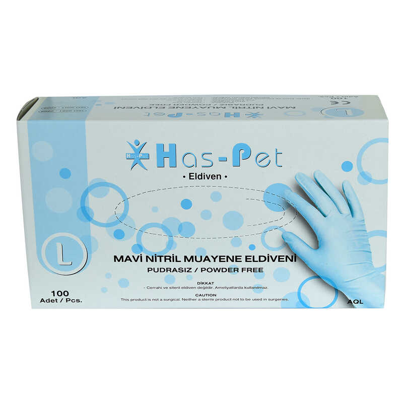 HAS-PET PUDRASIZ MAVİ NİTRİL ELDİVEN BÜYÜK BOY (L) 100 LÜ PAKET