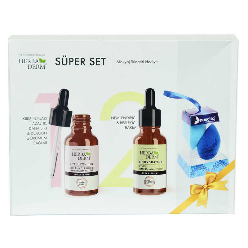 HERBADERM SÜPER SET SUPERSERUM HYALURONIC 3D + BİOHYDRATİON + HEDİYE MAKYAJ SÜNGERİ