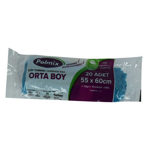 Polmix Çöp Torbası Orta Boy 55x60Cm 70Gr 11Mikron 30Lt Mavi Rulo 20 Adet