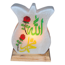 Lale Desenli Allah Muhammed Lafzı Logolu Doğal Kaya Tuzu Lambası Kablolu Ampullü Beyaz 2-3 Kg - Thumbnail