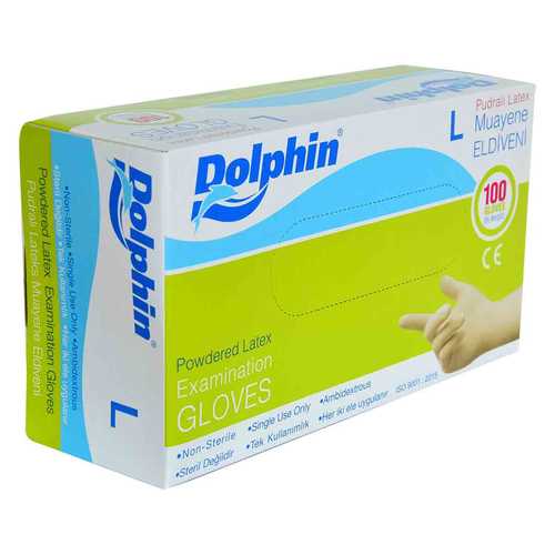 Dolphin Pudralı Beyaz Latex Muayene Eldiveni Büyük Boy (L) 100 Lü Paket