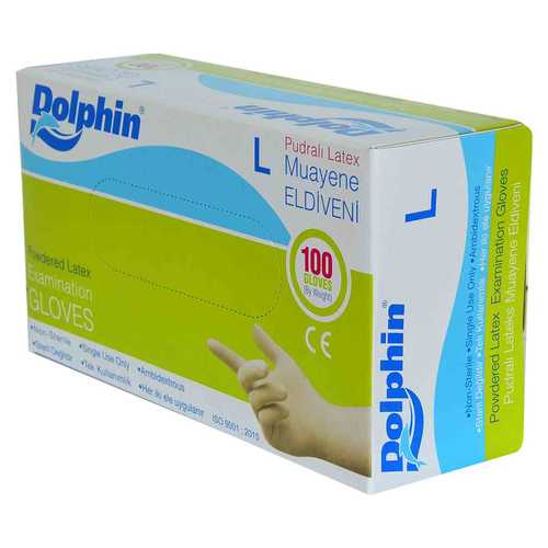 Dolphin Pudralı Beyaz Latex Muayene Eldiveni Büyük Boy (L) 100 Lü Paket