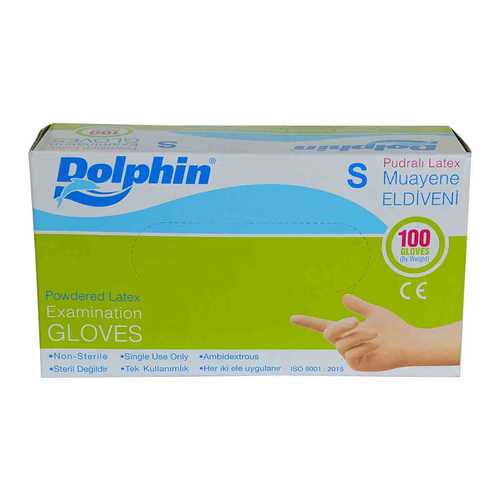 Dolphin Pudralı Beyaz Latex Muayene Eldiveni Küçük Boy (S) 100 Lü Paket
