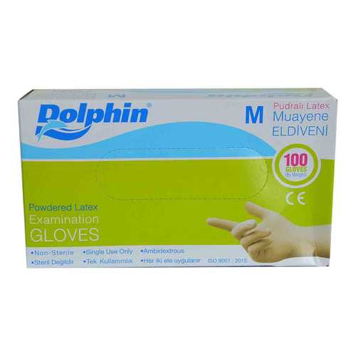 Dolphin Pudralı Beyaz Latex Muayene Eldiveni Orta Boy (M) 100 Lü Paket