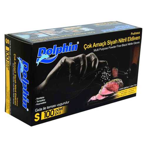 Dolphin Pudrasız Siyah Nitril Eldiven Küçük Boy (S) 100 Lü Paket