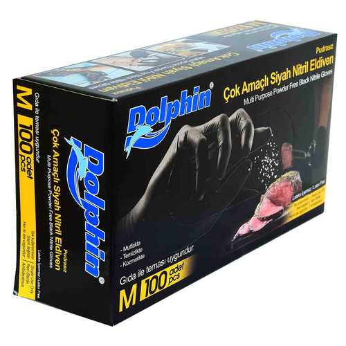 Dolphin Pudrasız Siyah Nitril Eldiven Orta Boy (M) 100 Lü Paket