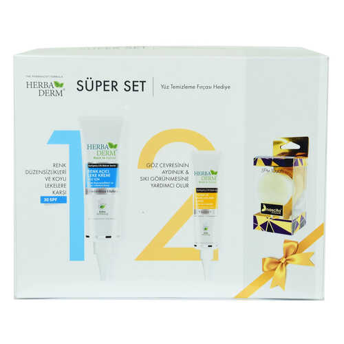 HerbaDerm Süper Set Renk Açıcı Leke Kremi 55 ML+Göz Altı Kremi 15 ML + Hediye Yüz Temizleme Fırçası