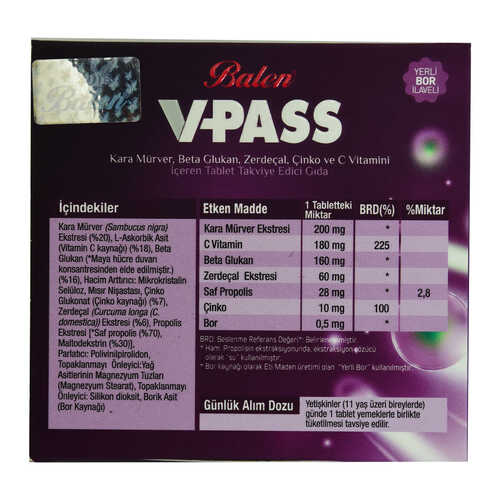 Balen V-Pass Kara Mürverli Zerdeçallı Çinko ve C Vitaminli 1000 Mg X 30 Tablet